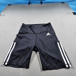 black Adidas 3-Stripes high-waisted biker shorts featuring moisture-absorbing...